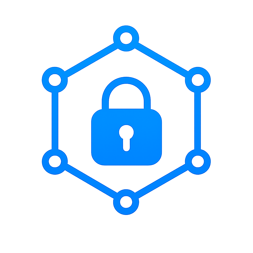 Padlock within a network hexagon icon representing website security audit