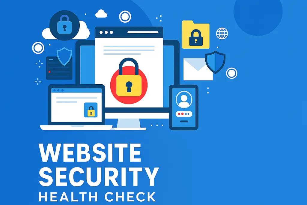 Flat illustration of secure devices with padlocks on screens, advertising a Website Security Health Check service