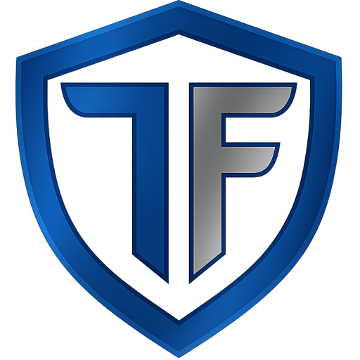 yler Forrester Cybersecurity logo with stylized TF inside a blue shield