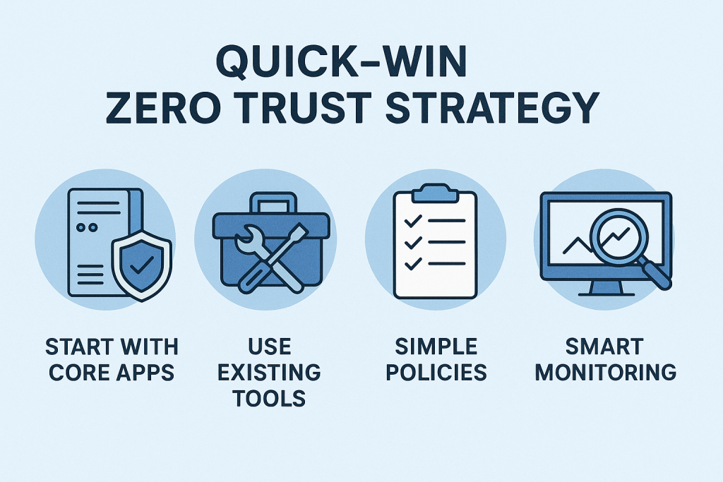 Infographic illustrating four steps in a Zero Trust Quick-Win strategy: start with core apps, use existing tools, implement simple policies, and apply smart monitoring. Designed with blue icons and modern visuals for cybersecurity professionals.
